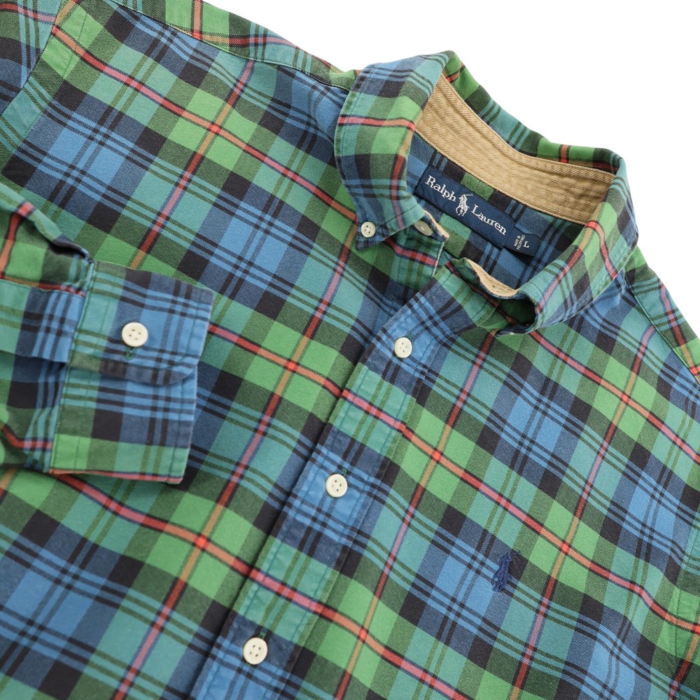 Polo Ralph Lauren Mens Green Blue Plaid Button Down Shirt Corduroy Collar L